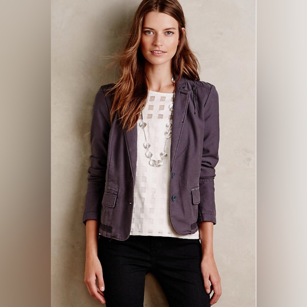 Anthropologie Delaine Blazer by Hei Hei, Moss/Blue, Size 8